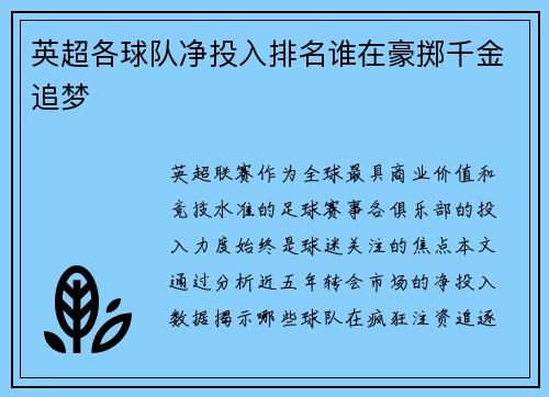 英超各球队净投入排名谁在豪掷千金追梦