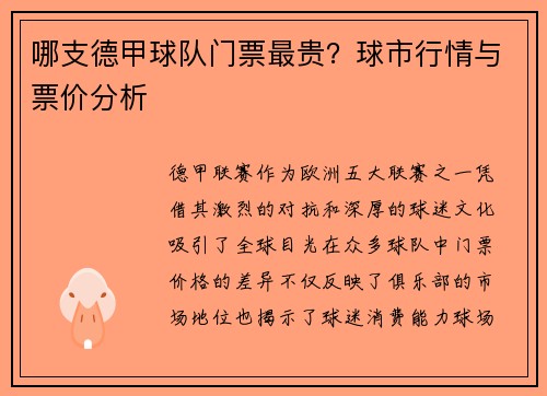 哪支德甲球队门票最贵？球市行情与票价分析